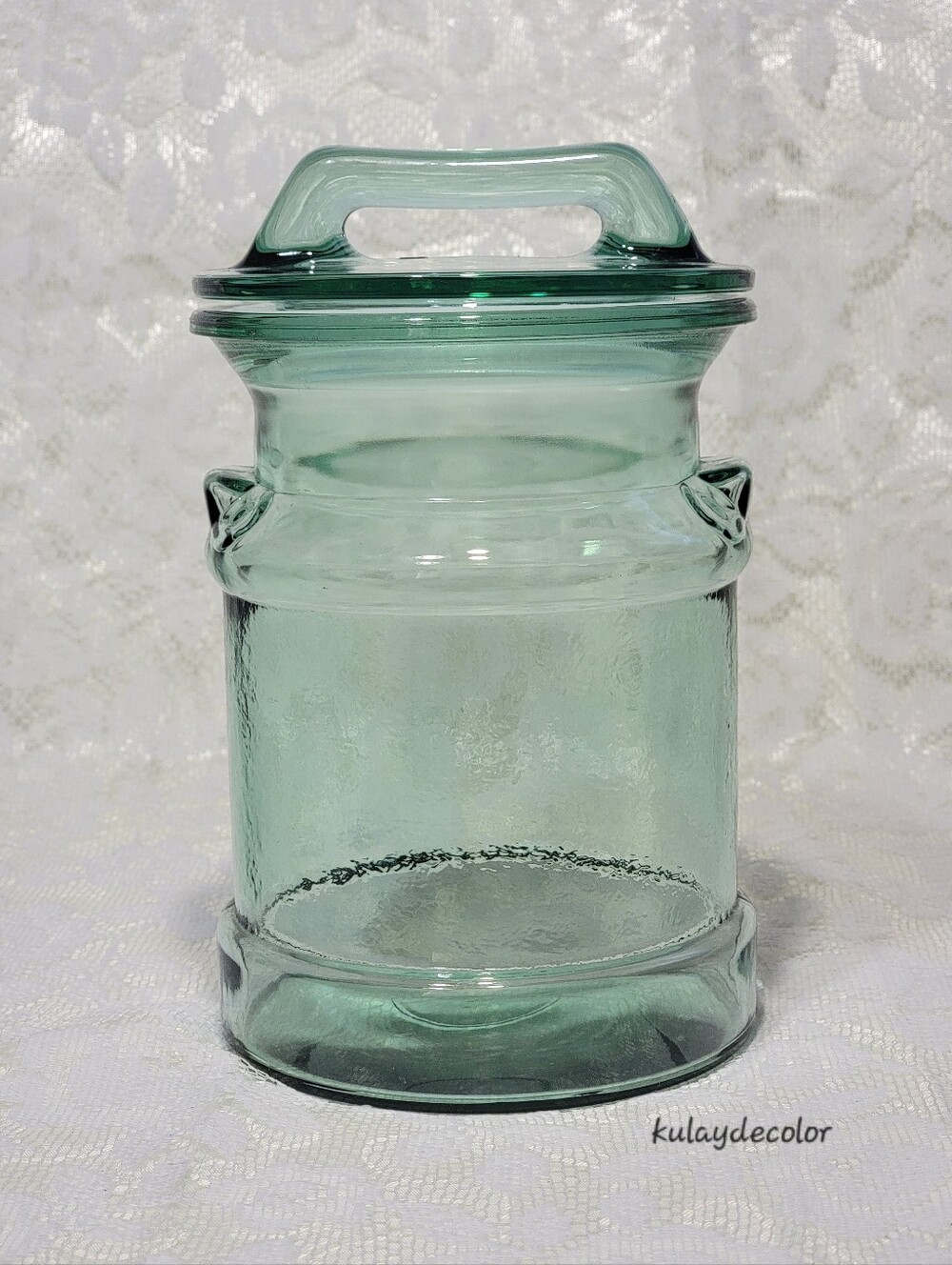 Vintage Green Glass Cookie Jar Canister Storage Jar w/ Lid Recycled Glass Style